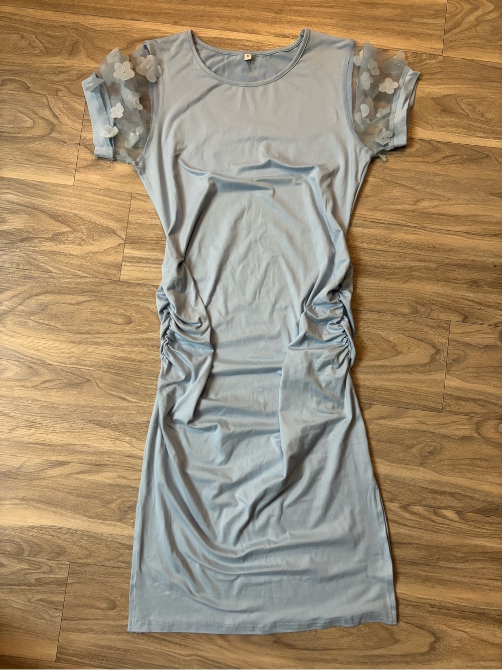Soft Blue Floral Mesh Sleeve Ruched Women’s Dress